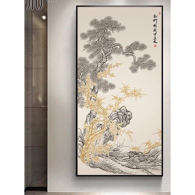 岁寒三友玄关装饰画新中式迎客松挂画客厅正对门松竹梅3d浮雕壁画