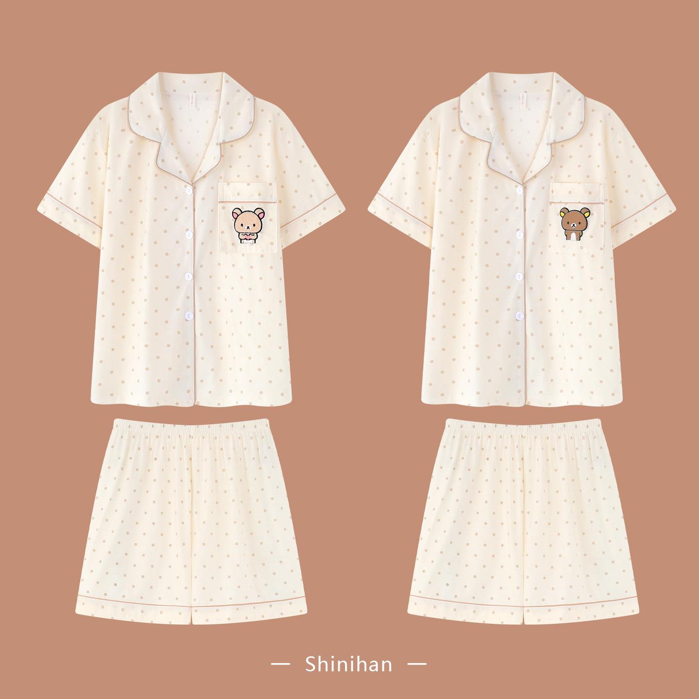 波点轻松熊可爱睡衣情侣装一男一女款夏季短袖短裤夏天家居服套装