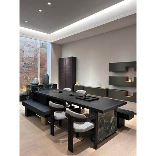 新中式岩板岛台烧水壶一体嵌入式实木茶桌轻奢高级感黑胡桃木茶台