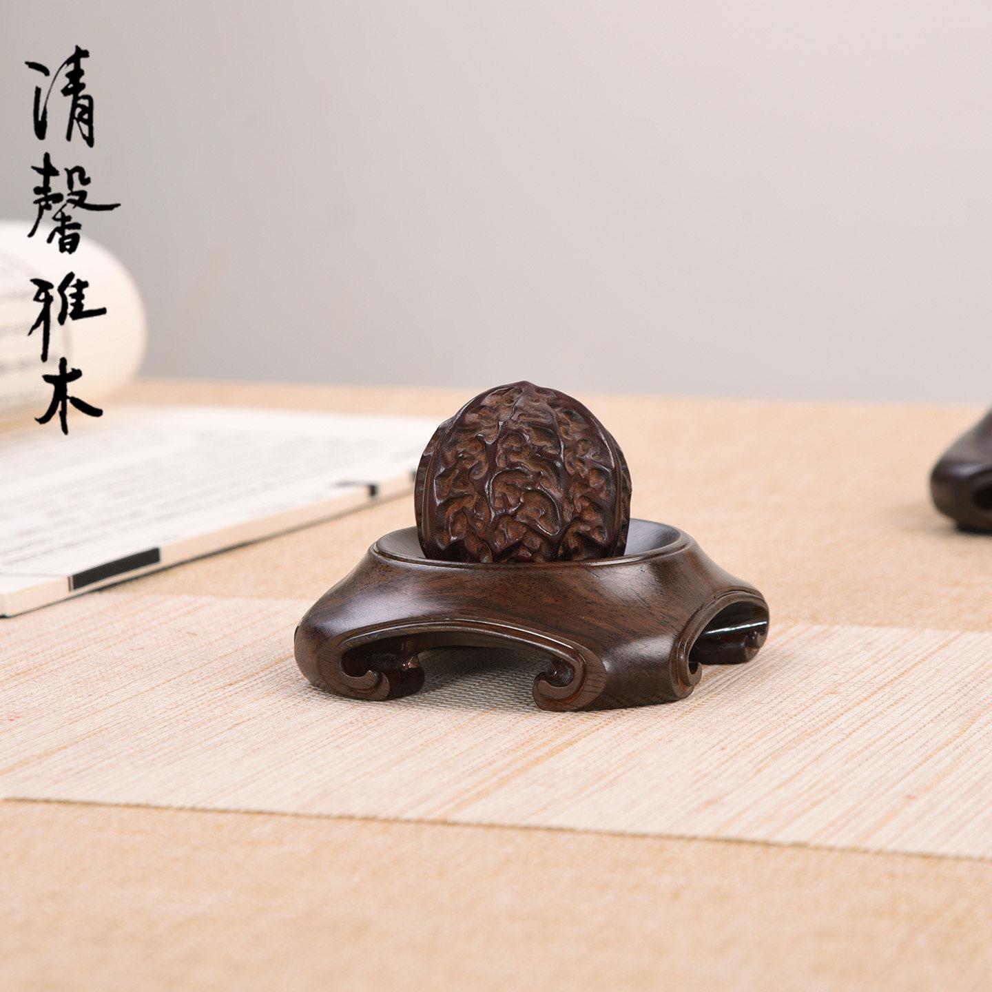 实木水晶球金球玉器奇石葫芦核桃文玩风水球蛋弧形摆件底座木托架
