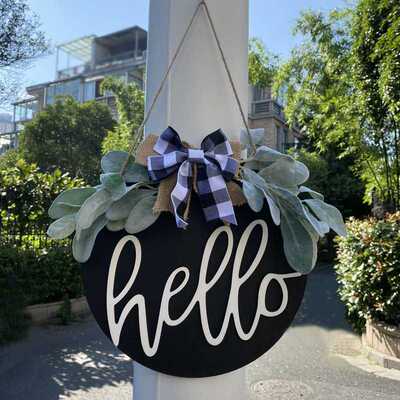 悬挂welcome门牌圆形木板欢迎牌仿真花木质挂牌家居装饰墙壁挂件