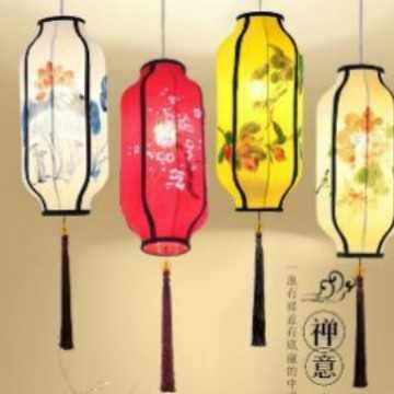 新中式布艺仿古手绘长灯笼火锅店茶楼酒店装饰创意铁艺吊灯餐厅