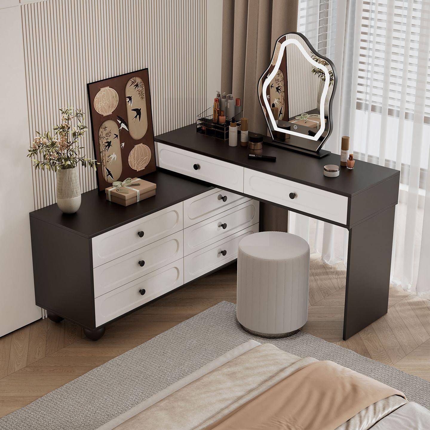 2025新款现代简约卧室实木化妆台法式可伸缩梳妆台化妆桌斗柜一体