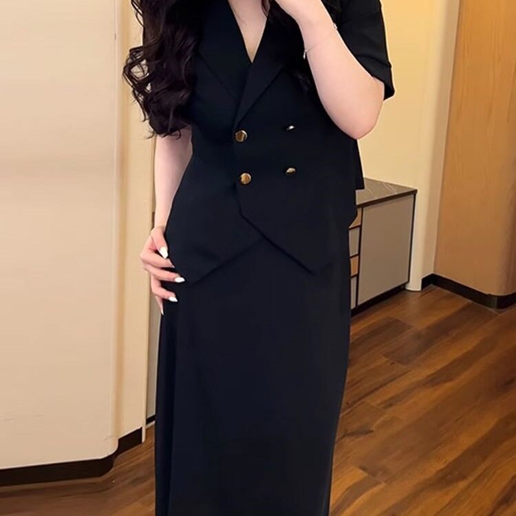 大码女装气质短袖西装上衣时尚套装夏季新款胖mm显瘦半身裙两件套