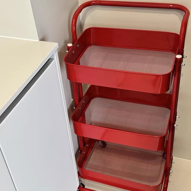 红色置物架小推车家用收纳多层可移动储物架子客厅卧室零食收纳架