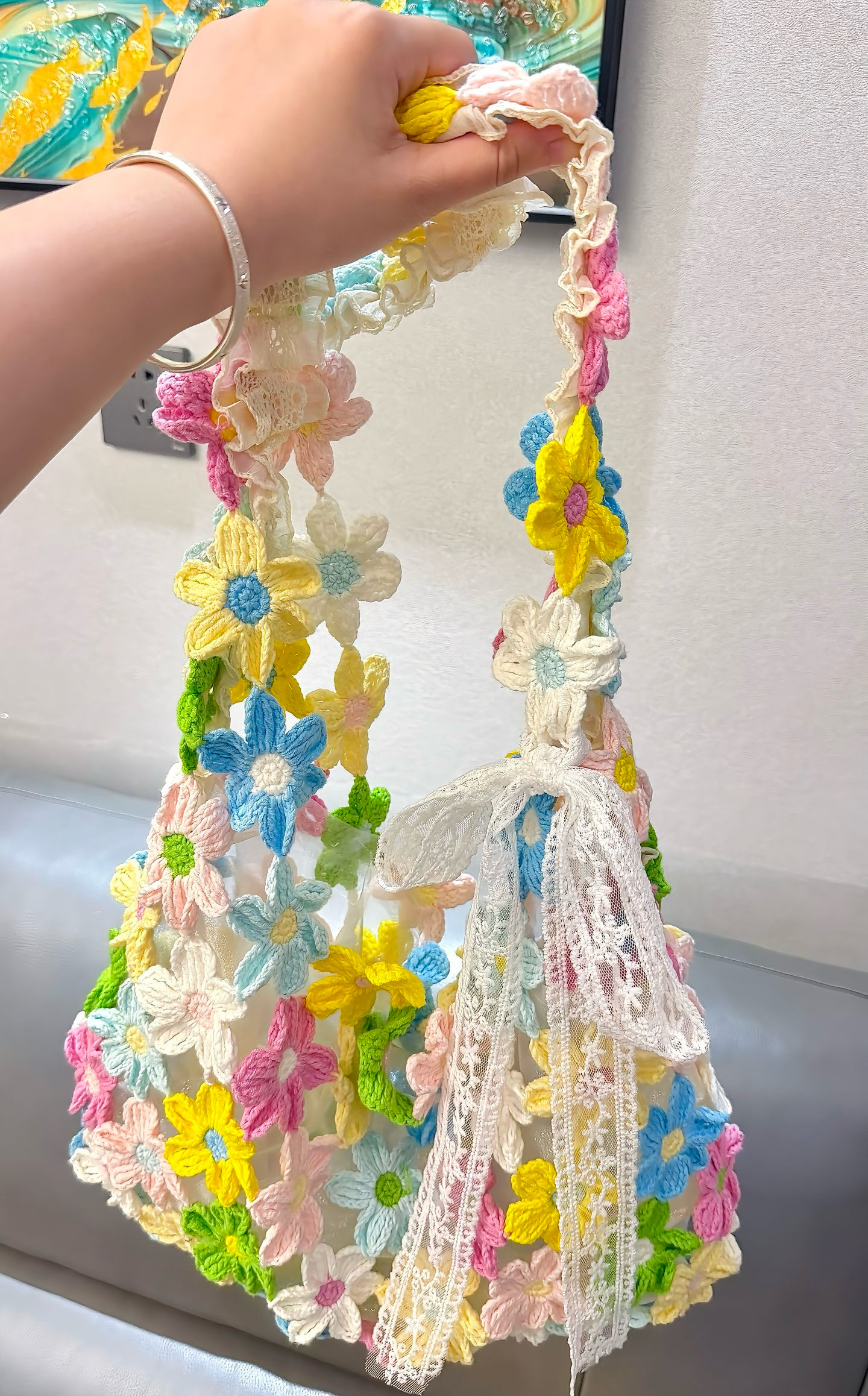 单肩毛线diy材料自制送女友闺蜜手工钩织拼接镂空花朵蕾丝丝带