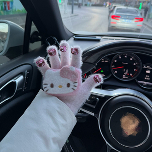 可爱粉色带钻美甲HelloKitty女防寒kt猫钻石毛绒手套保暖冬防冻