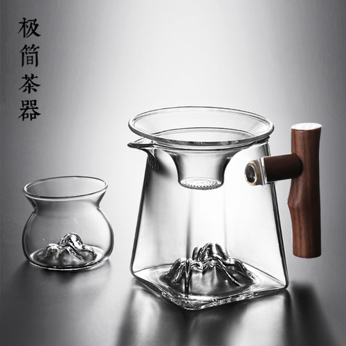 观山木把公道杯玻璃公杯茶漏一体分茶器加厚茶海高档套装茶具配件