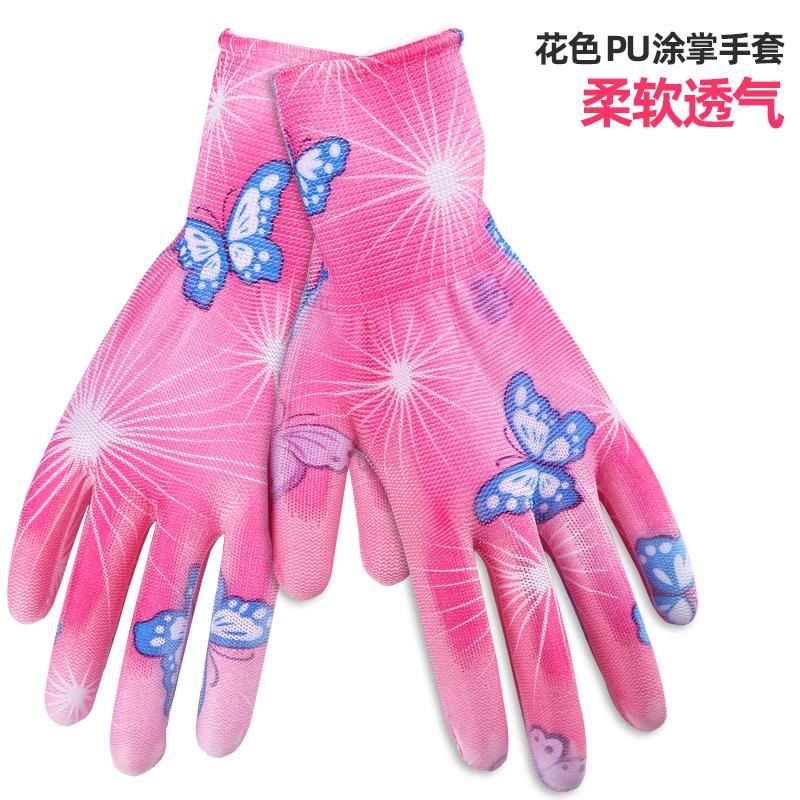 女士用花色PU涂掌手套薄款透气柔软防滑无尘电子厂涂胶尼龙线手套