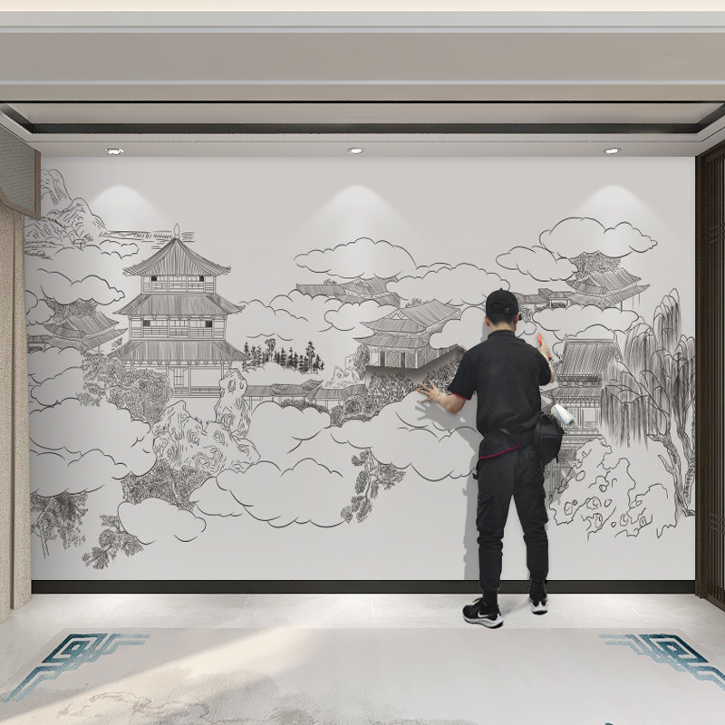 新中式素描线条阁楼壁纸意境山水墨墙纸客厅卧室影视墙布拍摄壁布