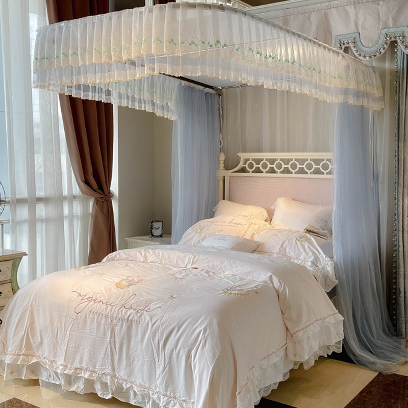 新款u型导轨蚊帐1.8m家用2米公主风三开门加厚双轨道拉绳升降支架