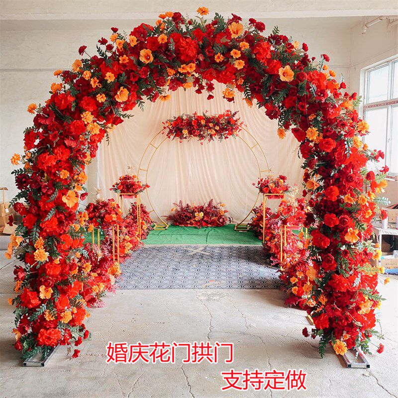 新款绢花拱门开业婚礼庆典花门婚庆满花双杠圆形拱门婚庆幸福门