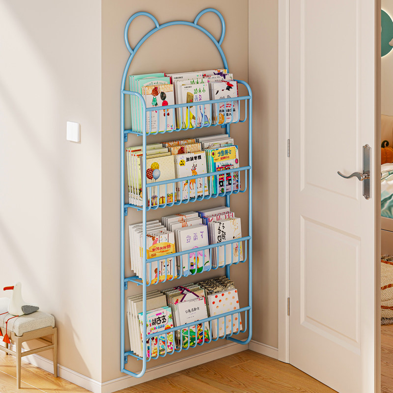 儿童绘本架宝宝书架简易铁艺书本收纳架挂墙书报架门后墙上置物架