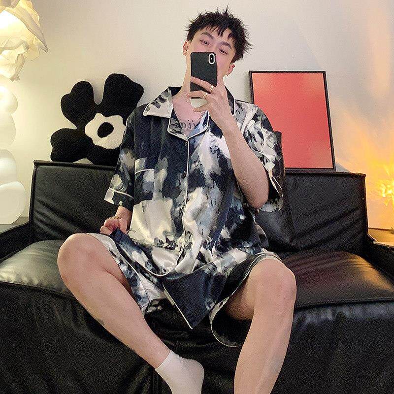 夏季睡衣男加肥加大码短袖冰丝薄款家居服胖子宽松丝绸套装300斤