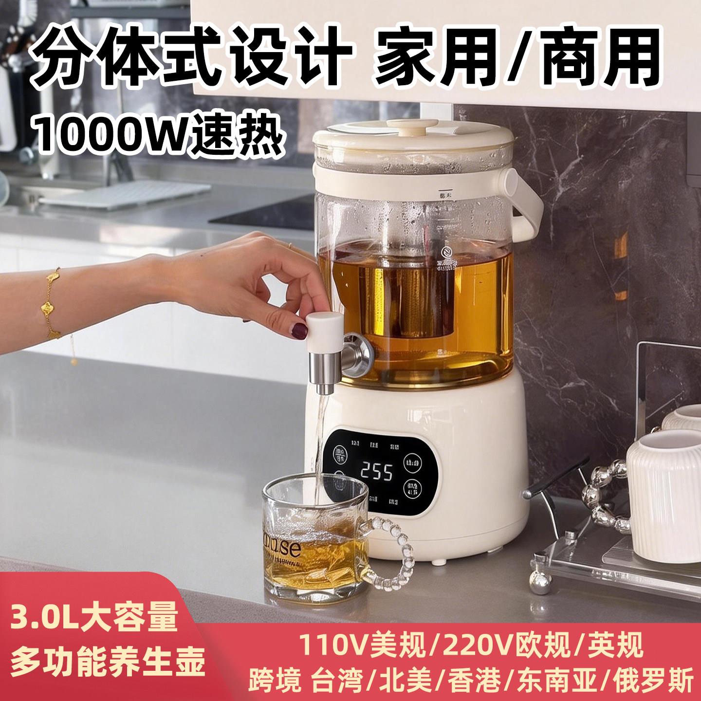 110V220V欧规玻璃养生壶家用3L大容量电热烧水壶煮茶器花茶桶台湾