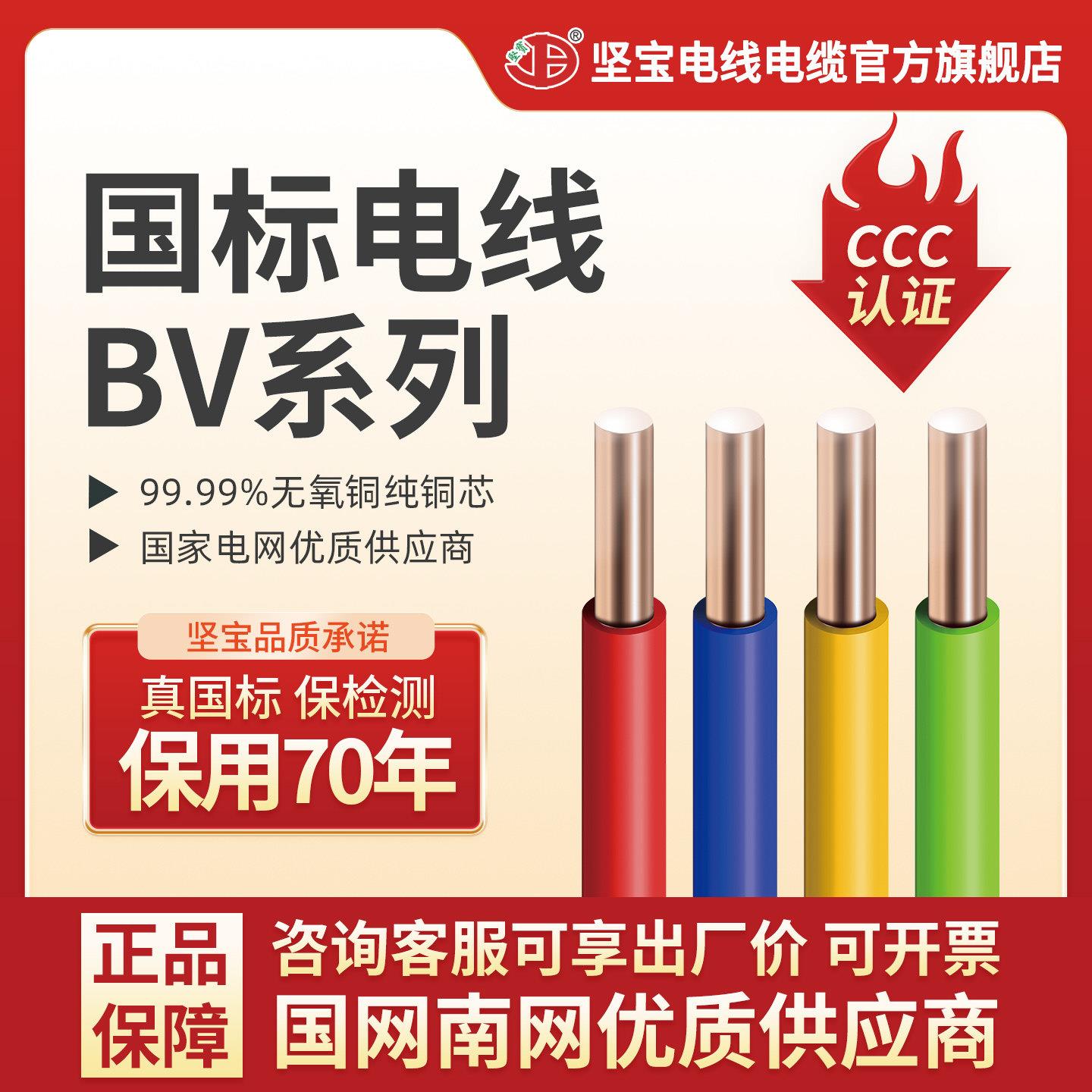 坚宝电线电缆铜线BV1.5/2.5/4/6平方纯铜芯国标家装铜线100米1卷