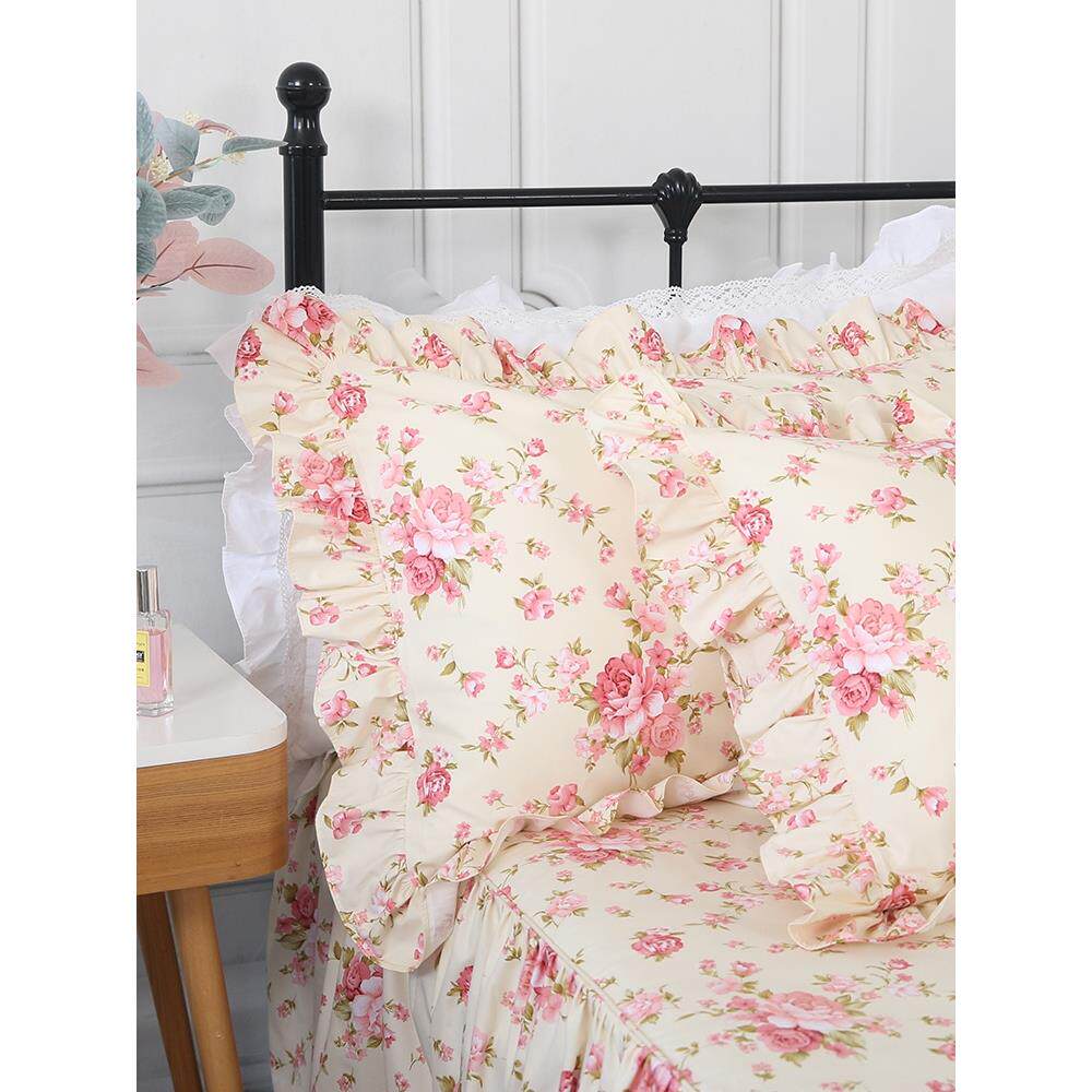 花卉家用蕾丝枕套单对单褶边四季纯棉48X74棉枕套