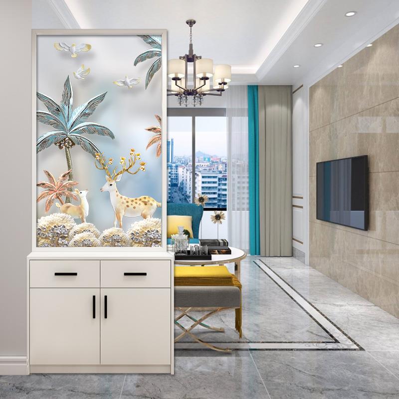 定制入户玄关鞋柜实木一体玻璃屏风隔断磨砂客厅遮挡现代装饰轻奢