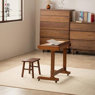 有清堂新中式金丝柚木实木移动电脑桌书桌办公桌儿童书桌床边桌
