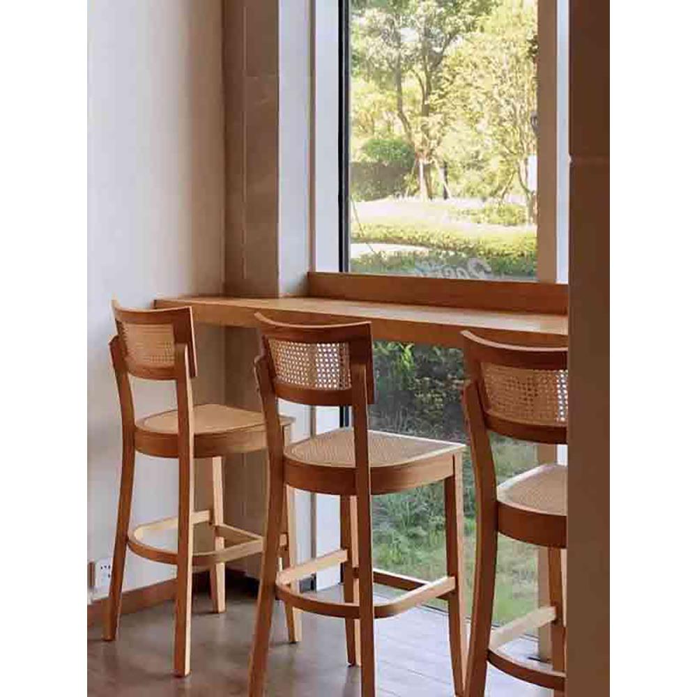 中古实木藤编吧椅北欧侘寂岛台休闲高脚椅靠背家用中古轻奢吧台椅