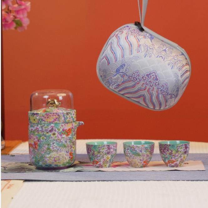 W258珐瑯彩旅行茶具套组一壶三杯可携式户外露营茶具礼盒装,餐饮具,旅行茶具,淘宝优惠券,粉丝福利购,淘宝优惠卷