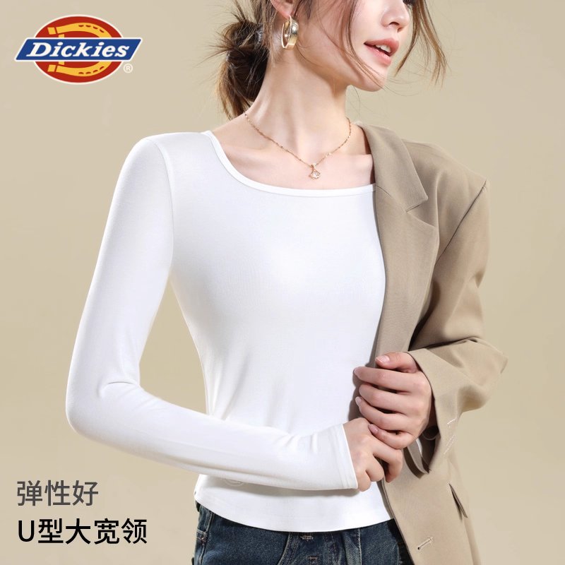 Dickies打底衫女士2025秋季洋气u领修身上衣白色内搭方领长袖T恤