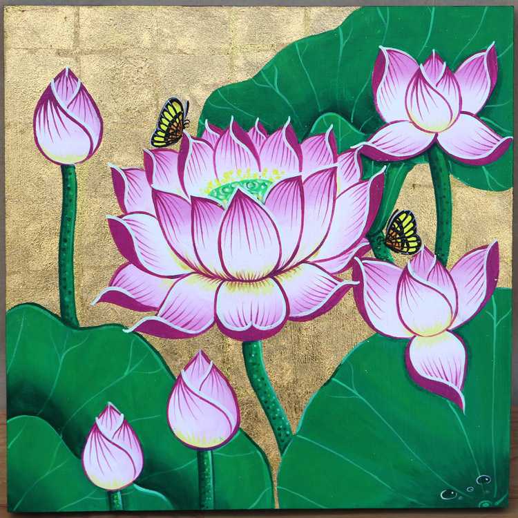 泰国东南亚金箔画荷花莲花装饰画走廊客厅背景墙面无框画手绘壁挂图片