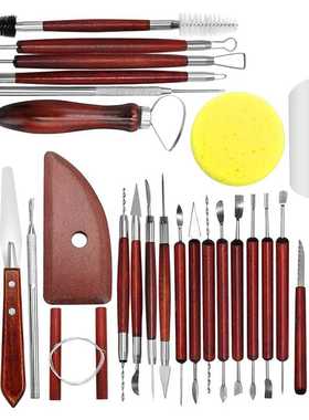 跨境陶艺工具30件套装 软陶泥塑红色木杆雕刻刀细节针刮片割泥线