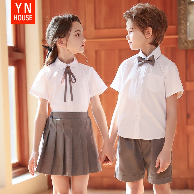 六一儿童演出服男女童学院风校服夏季白色短袖Q衬衫朗诵套装合唱