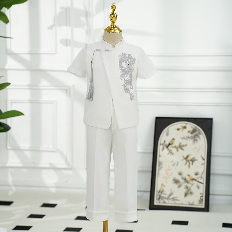 儿童西装套装2024新款夏季中式主E持人礼服男童白色钢琴演出服生
