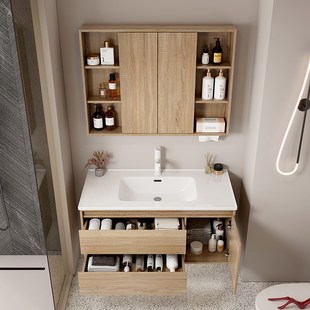 风水镜浴室柜一体陶瓷q盆隐藏纸巾孔卫生间洗脸盆洗手池洗漱台定