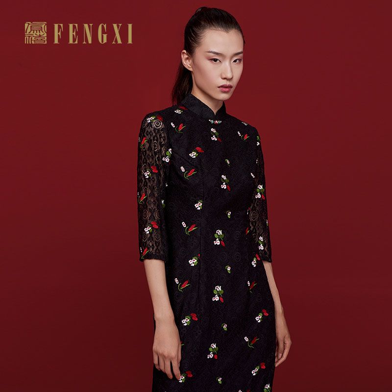 凤禧复古风碎花晚宴中袖改良旗袍