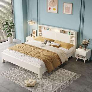 北欧现代简约白色实木床储物床奶油风.双人床家用主卧储物床