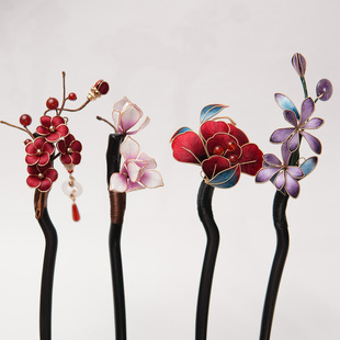 绒花发簪新中式古风发饰中国风配饰汉服头饰檀木簪子流苏发钗步摇