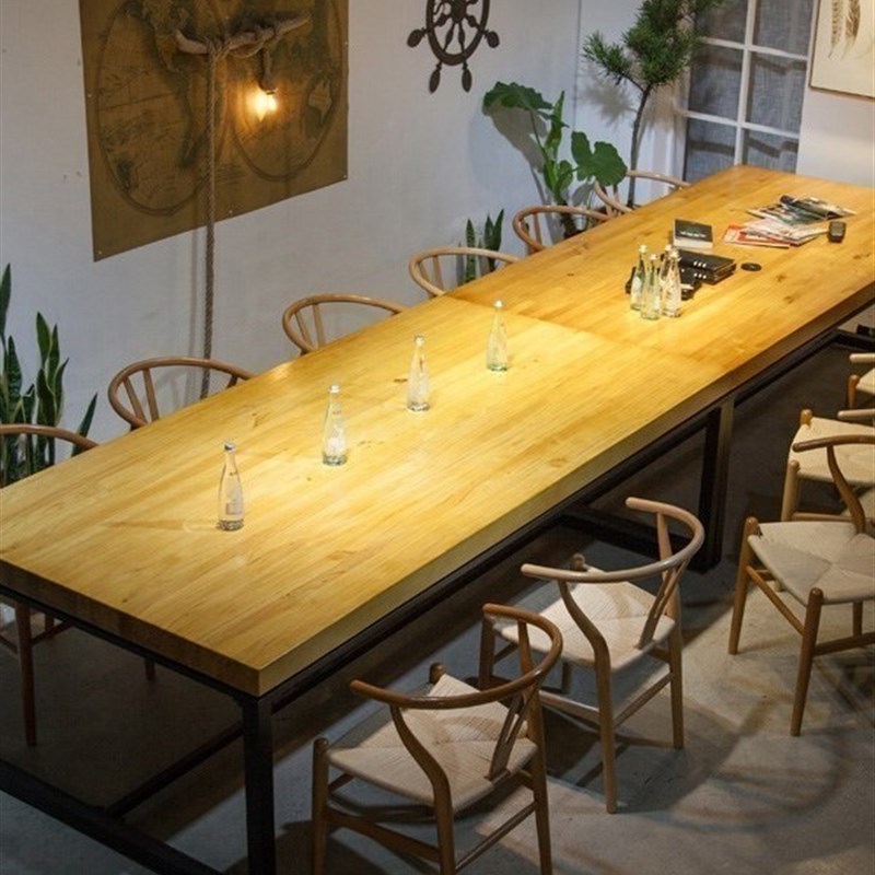 Loft实木大板会议桌办公桌大型培训洽谈桌椅组合工业风格长工作台