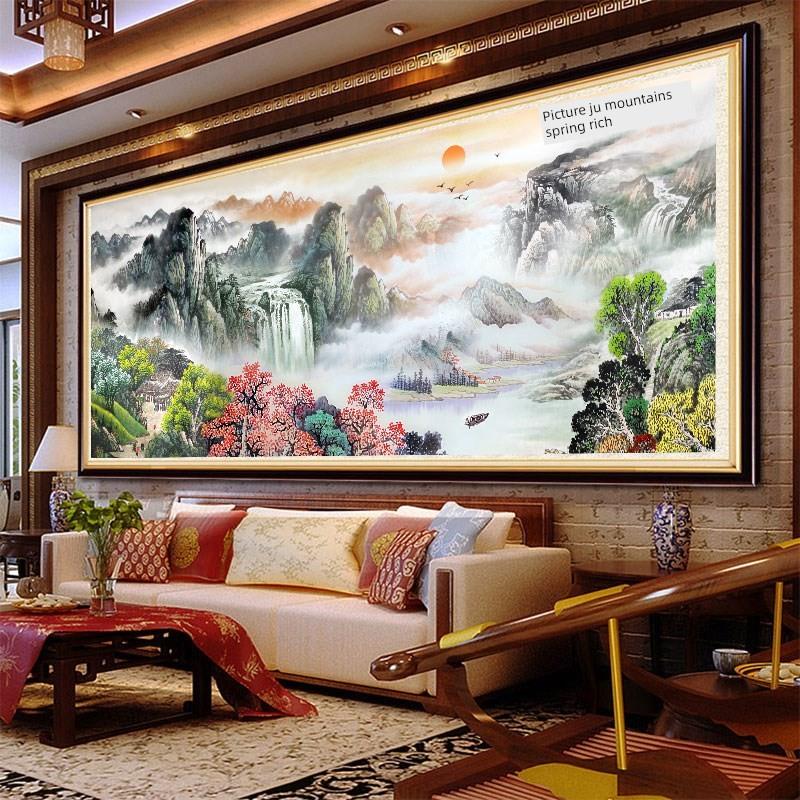 纯手工十字绣成品富春杉山阁中国风客厅山水画钻石拍卖装裱