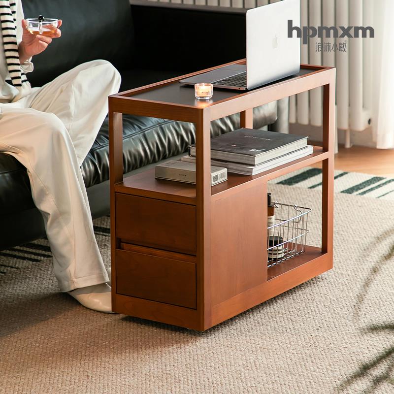 泡沫小敏家具北欧复古茶水柜中古茶几客厅移动小推车实木沙发边几