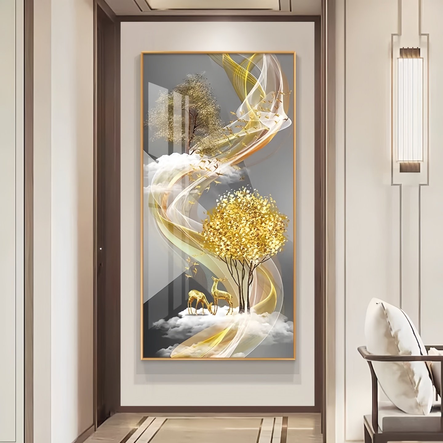 现代简约进门麋鹿玄关装饰画客厅走廊过道挂画竖版壁画招财风水画