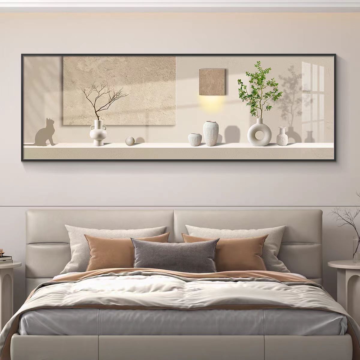 小清新床头卧室装饰画主卧房间背景墙简约现代挂画绿植原木风壁画图片