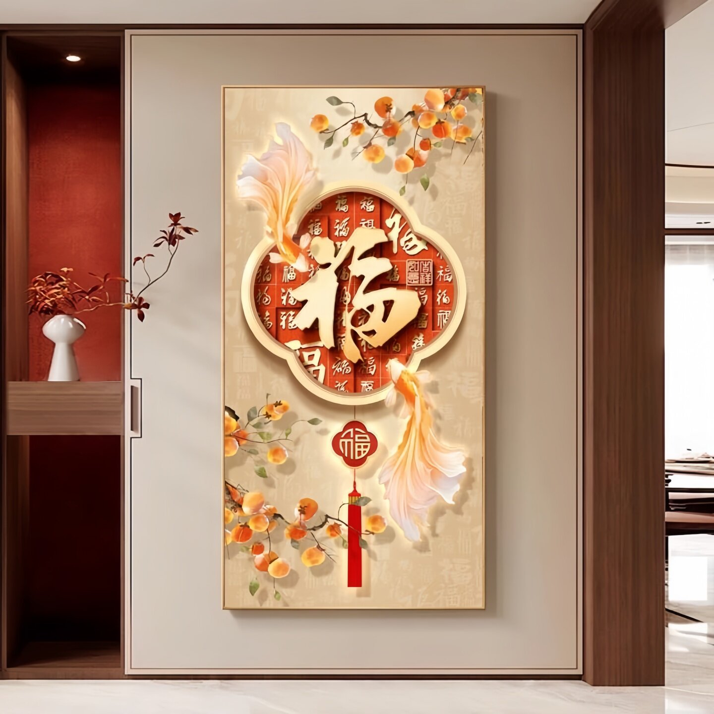 九鱼图玄关装饰画入户正对门福字挂画2026年新款高端走廊过道壁画