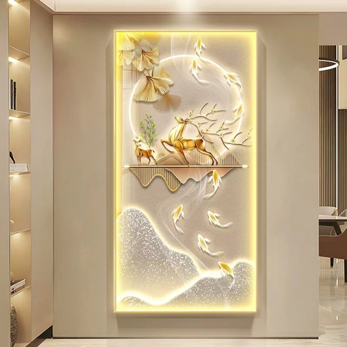 九鱼图入户玄关装饰画轻奢led灯黄金山水画高级感走廊过道墙壁画图片