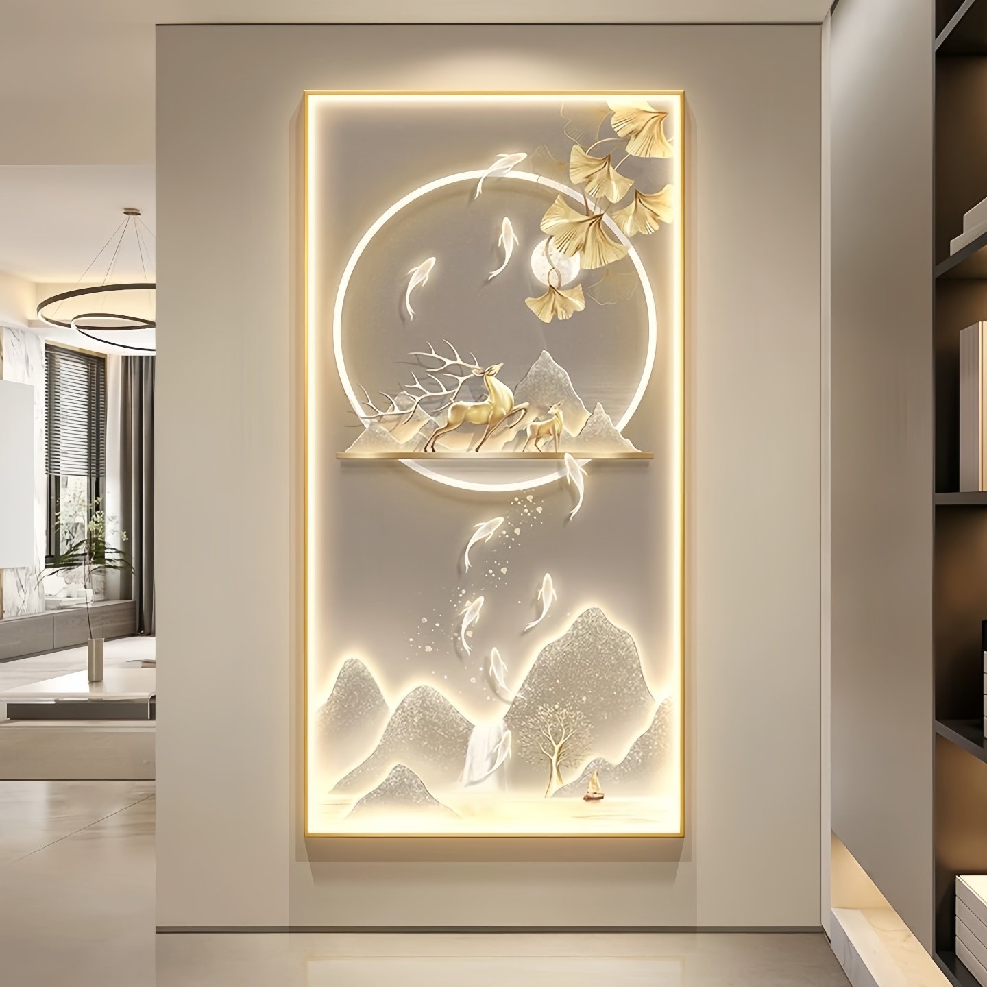 现代轻奢入户玄关装饰画麋鹿九鱼图大气过道壁画走廊尽头挂画灯画,家居饰品,现代装饰画,淘宝优惠券,粉丝福利购,淘宝优惠卷