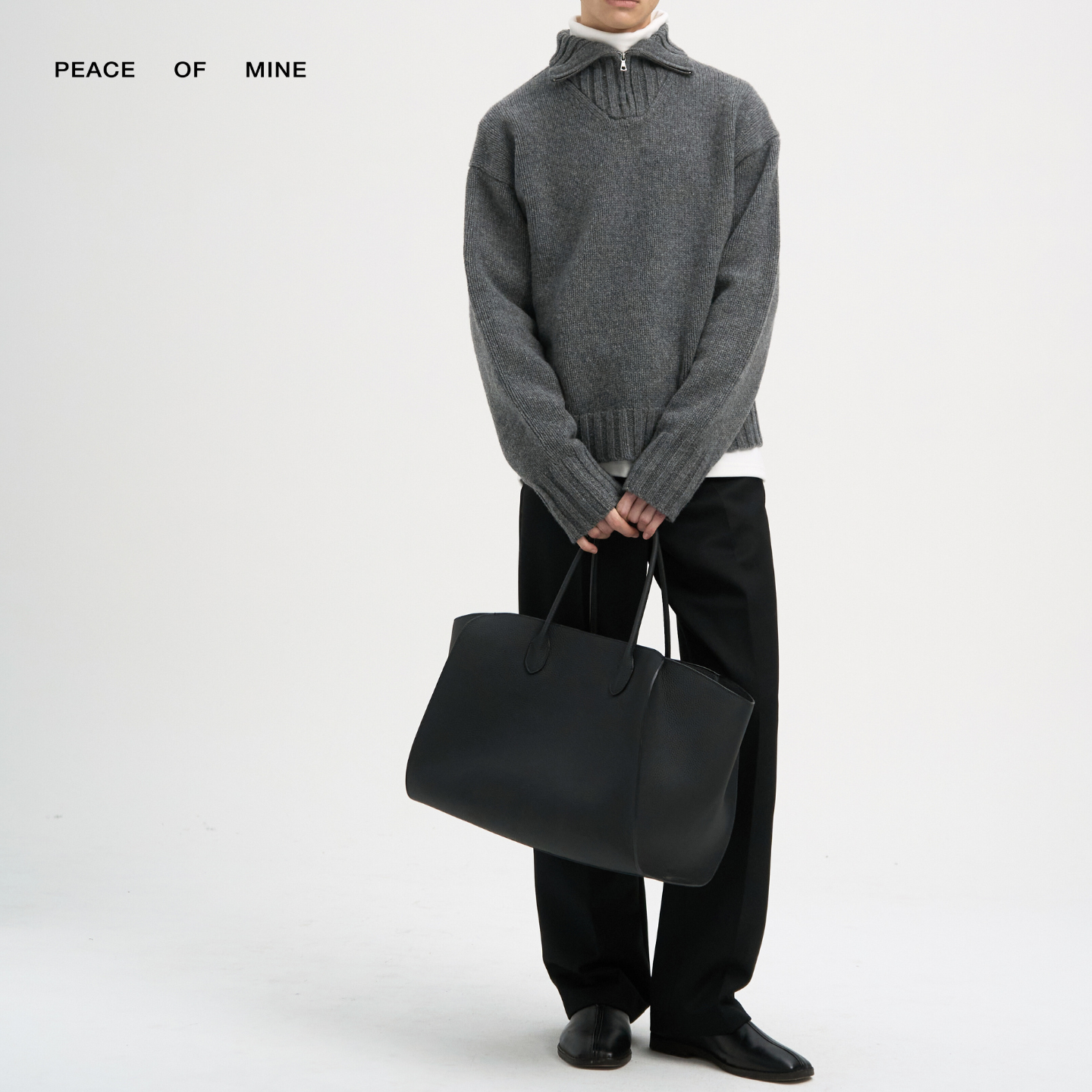 EASON｜纯棉羊毛半拉高领反罗纹沥青灰两法穿毛衣