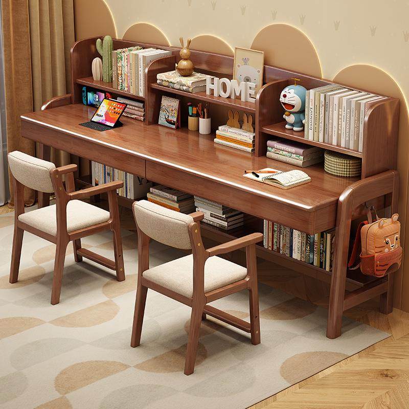 实木书桌书架组合一体简约家用学生加长书桌卧室双人儿童学习桌