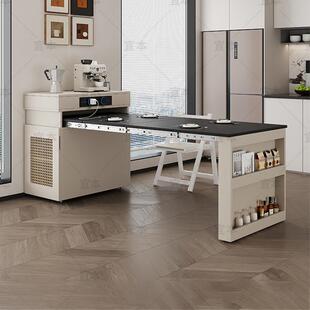 意式极简窄岛台餐桌小户型家用多功能一体可折叠伸缩实木泡茶岛台