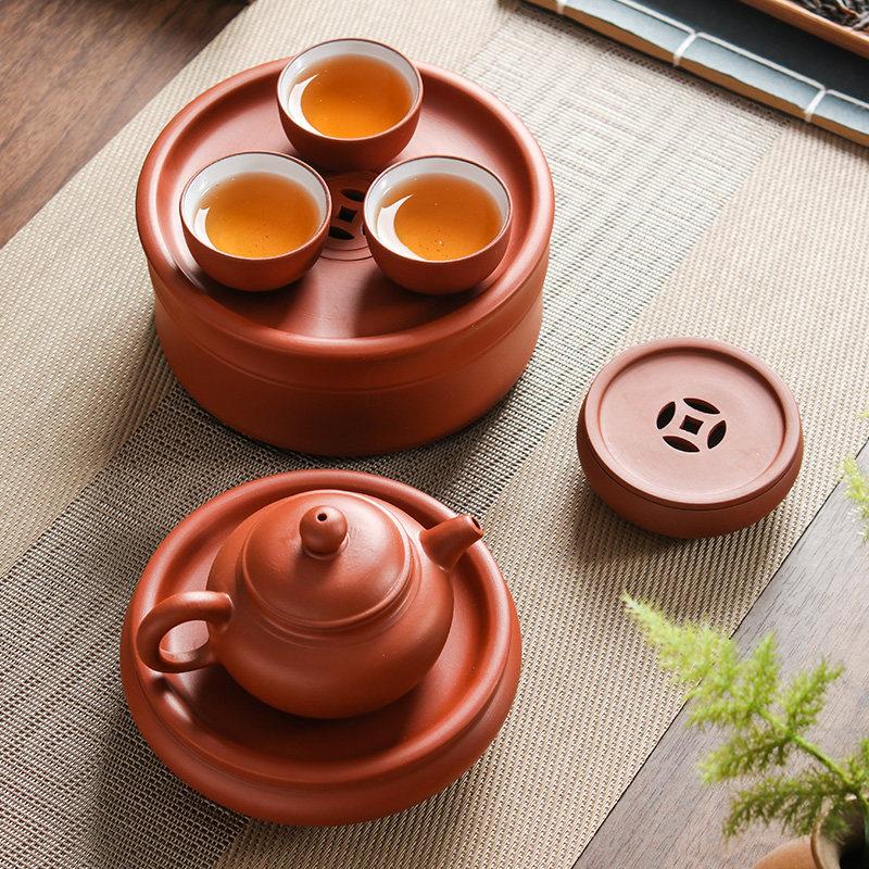潮汕传统朱泥圆形古钱茶盘家用紫砂壶承壶垫茶壶底座杯垫功夫茶具
