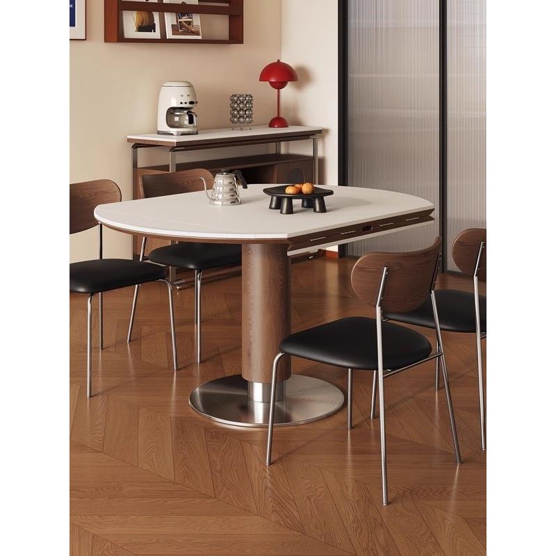 覆古风圆形岩板餐桌可折叠中古风包豪斯家用小户型实木正方形饭桌