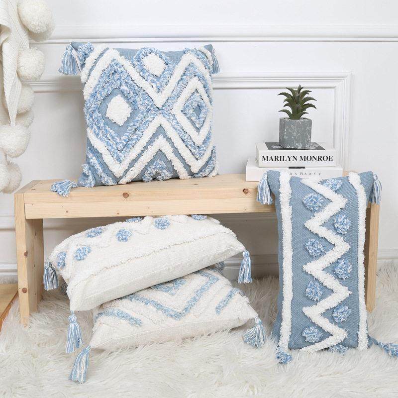 摩洛哥靠垫北欧ins风简约蓝色几何簇绒抱枕四角穗子民宿沙发靠枕,居家布艺,抱枕被,淘宝优惠券,粉丝福利购,淘宝优惠卷