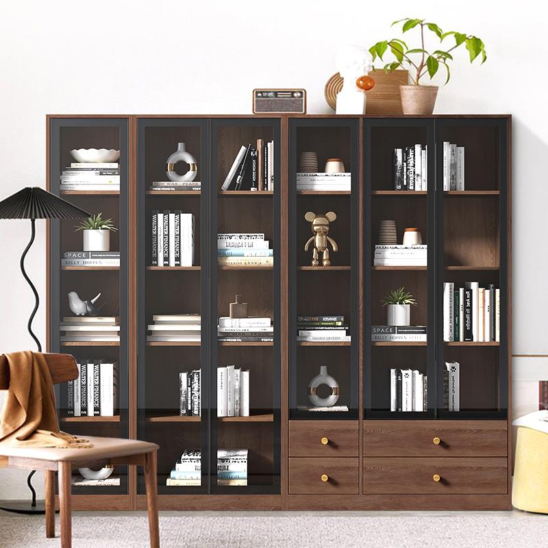 实木书柜带柜门玻璃门落地靠墙家用客厅一体整墙书架展示柜胡桃木
