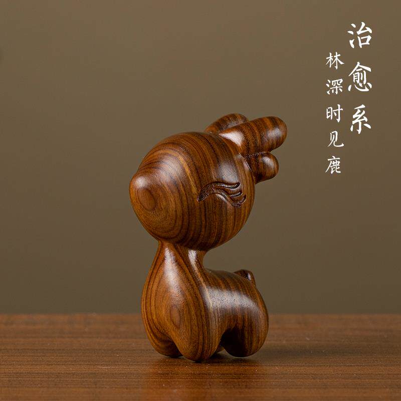 天然绿檀木雕一路平安创意摆件汽车挂件可爱小鹿车内吊坠工艺品礼
